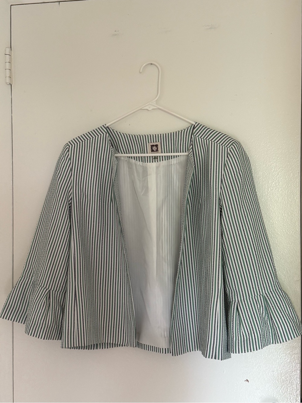 Ann Klein Striped Bell-Sleeve Open Front Jacket - Seersucker Green/White